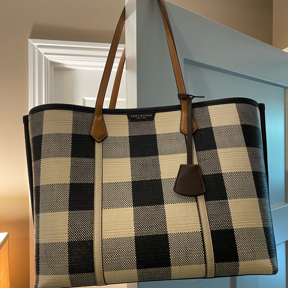 Tory Burch Plaid Gingham Tote with Tan Accents - Picture 7 of 9